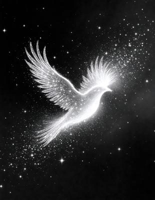 The primary subject of the image is a white bird, possibly a dove, flying through the night sky. The bird is surrounded by a backdrop of stars, creating a sense of depth and a serene atmosphere. The visual style of the image is a combination of photo and digital art, as it appears to be a photo of a painting or drawing. The colors and mood of the image are predominantly dark and moody, with the white bird contrasting against the starry night sky.